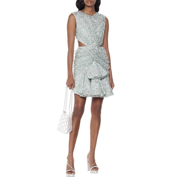 NWT Halpern cupped sequin high collared cut out dress aqua lace size 34/US 2 - Picture 4 of 14